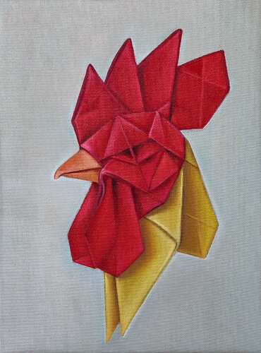 Origami Rooster Wall Art – Modern Geometric Chicken Canvas Farmhouse Decor by Sekar Rajagopal, 油畫 for Sale on Singulart