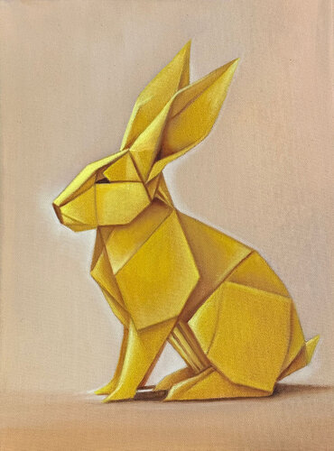 Yellow Origami Rabbit Painting – Geometric Animal Canvas Art by Sekar Rajagopal, 油畫 for Sale on Singulart