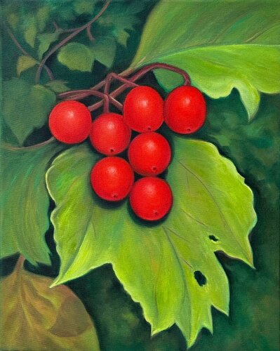 Vibrant Red Berries on Green Leaves – Botanical Nature Art Painting de Sekar Rajagopal, Pintura a la venta en Singulart