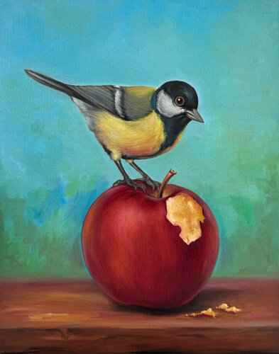 Great Tit on Apple - Original oil painting by Sekar Rajagopal, 회화 for Sale on Singulart