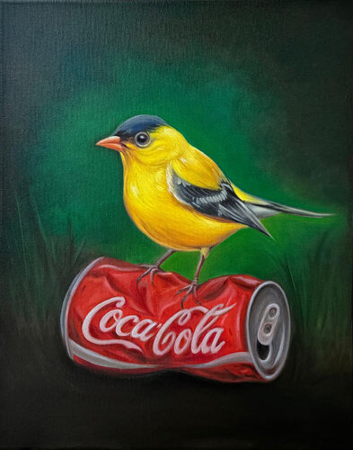 Golden Bird on Coke - Original oil painting di Sekar Rajagopal, Pittura in vendita su Singulart