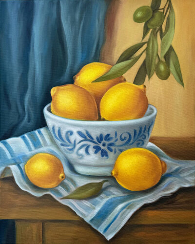 Golden Lemons Still Life - Original oil painting by Sekar Rajagopal, Painting for Sale on Singulart