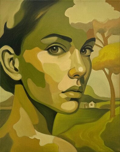 Emerald Gaze Through Nature – Original oil painting di Sekar Rajagopal, Pittura in vendita su Singulart