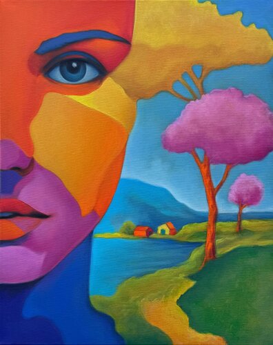 Dreamscape Within Her Gaze Original oil painting di Sekar Rajagopal, Pittura in vendita su Singulart
