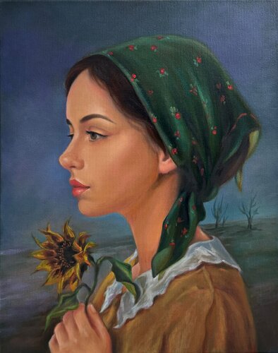 Girl with a Sunflower - Original oil painting de Sekar Rajagopal, Pintura a la venta en Singulart