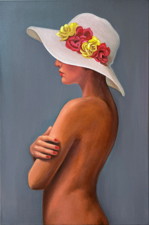 Elegant Nude Woman with White Hat Painting – Contemporary Figurative Portrait Sekar Rajagopal