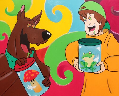 Scoobydelic - The invy of mushroom for the toad de Luigi Monti, Pintura a la venta en Singulart