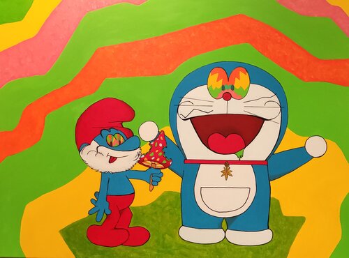 Grande puffo fungo magico & Psy Doraimon van Luigi Monti, Schilderij te koop op Singulart