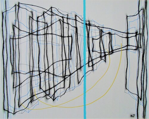 Black and White with Blue and Gold Lines von Kevin Jones, Werk auf Papier kaufen auf Singulart