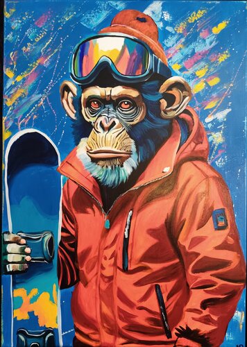 "Chimp on a Board" by Marcell Dergecz, 油畫 for Sale on Singulart