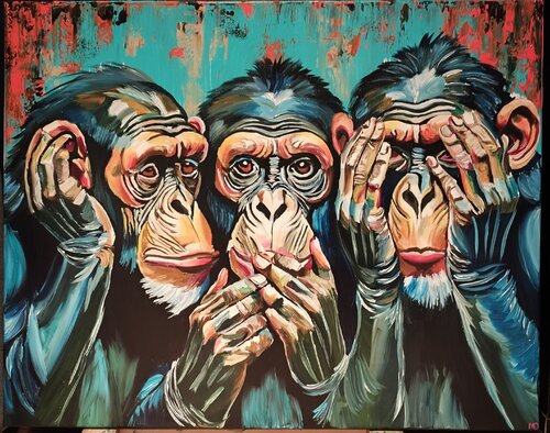 "The Three Wise Monkeys" by Marcell Dergecz, Painting for Sale on Singulart