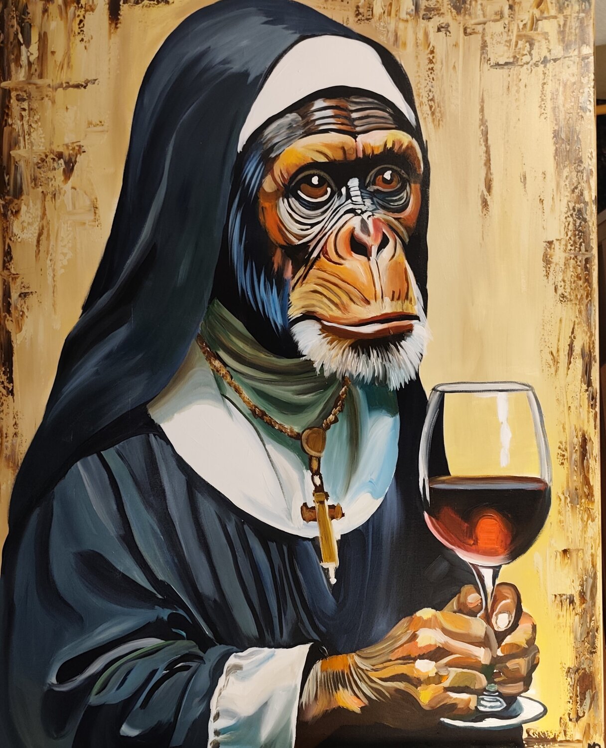 "A Sip of Faith" Marcell Dergecz Originalgemälde zu verkaufen