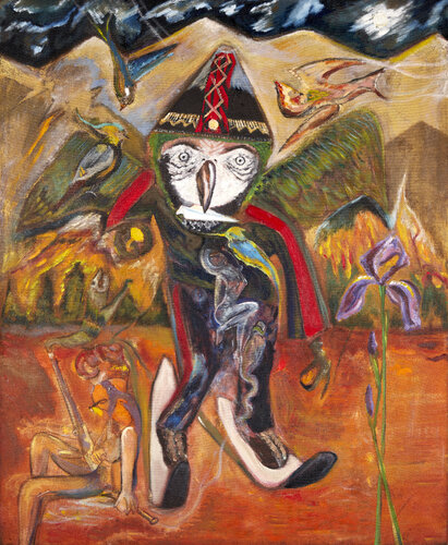 The reconciliation of the "Owl man" di Camilo Osorio Suarez, Pittura in vendita su Singulart