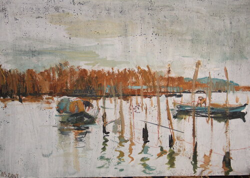 Fisherman with a dog in Albufera. Valencia, Spain van Natalia Basil, Schilderij te koop op Singulart