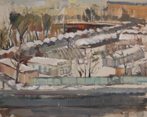 Garages from my window in SPb van Natalia Basil, Schilderij te koop op Singulart