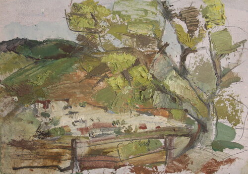 View on Olocau with a tree. Valencia, Spain van Natalia Basil, Schilderij te koop op Singulart