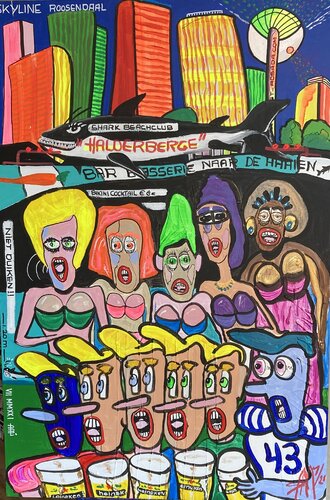 FRIDAYNIGHT WITH ""THE BOYS AND LADIES"" AT THE SHARK BEACHCLUB ,HALDERBERGE. by arie munnik, Painting for Sale on Singulart