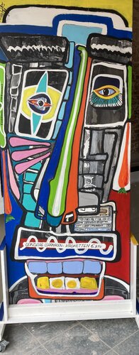 SHRIMP CROQUETTES MAN ON THE SOUTH BEACH        ----- PART OF DOUBLESIDEPAINTING WITH SELFPROTRAIT  ON WHEELS by arie munnik, 회화 for Sale on Singulart