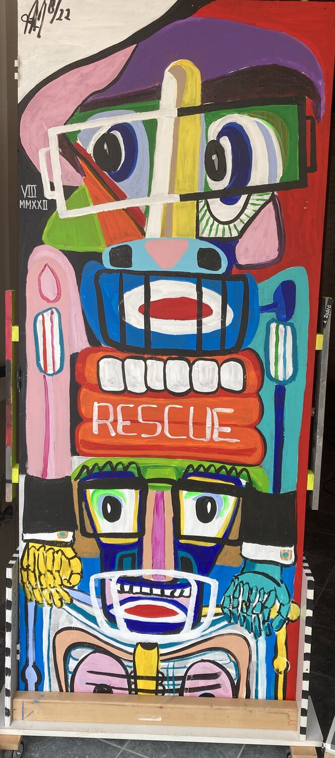 BEACHGUARD RESCUE TEAM-------------------FRONT OF DOUBLESIDEPAINTING ON WHEELS  REVERSIBLE arie munnik