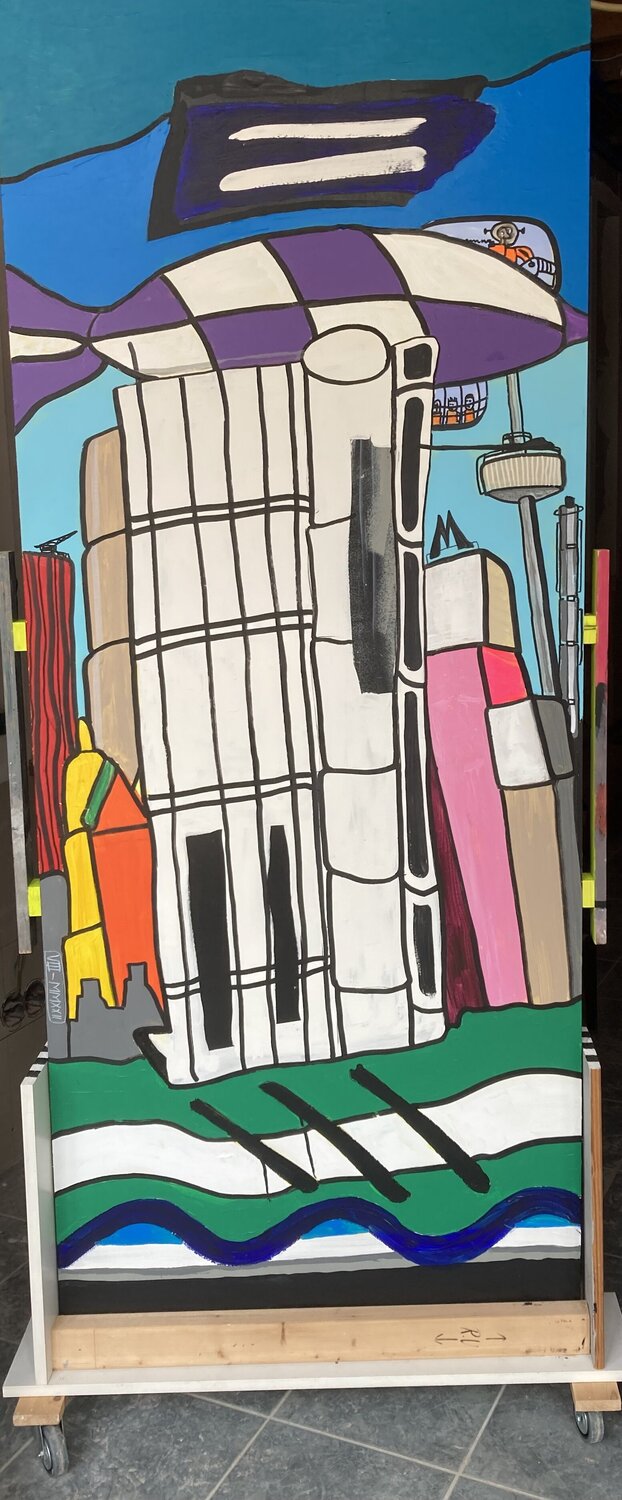 CITY IMPRESSION OF ROTTERDAM  WITH INFLATABLE ROCKET  ------BACK OF DOUBLESIDE RESCUE PAINTING  ON WHEELS arie munnik