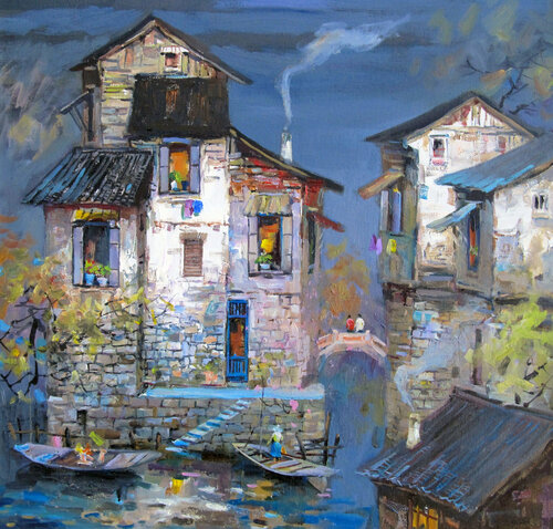 China; fishing villages par Zhen zhong Duan, Peinture en vente sur Singulart