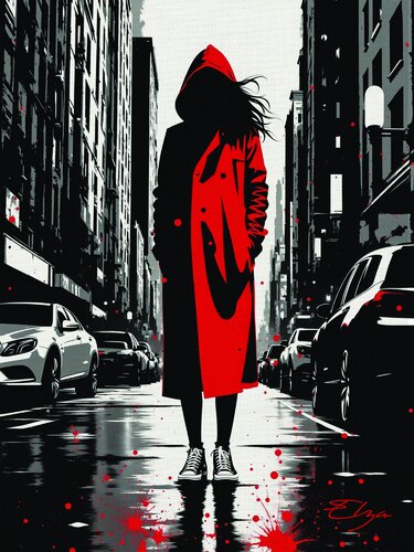 Cityscape Rebel Woman The Crimson Manifesto di Elena Zaharia, Pittura in vendita su Singulart