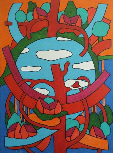 Le village et l'arbre rouge di Michel Marant, Pittura in vendita su Singulart