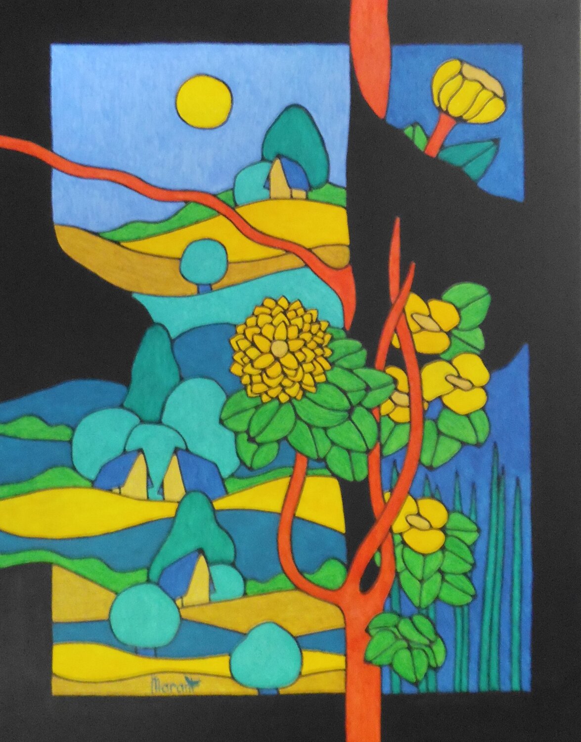 ARBRE ROUGE AUX FLEURS JAUNES Michel Marant Originalgemälde zu verkaufen