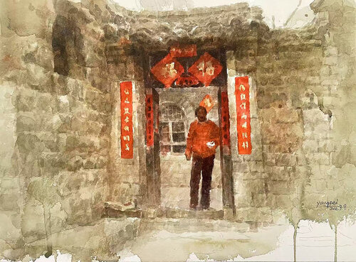 门口的老人 di Chunguang Ma, Pittura in vendita su Singulart