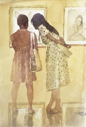 The Girl Viewing an Exhibition di Chunguang Ma, Pittura in vendita su Singulart