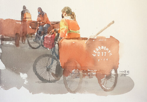 Sanitation worker after work di Chunguang Ma, Pittura in vendita su Singulart