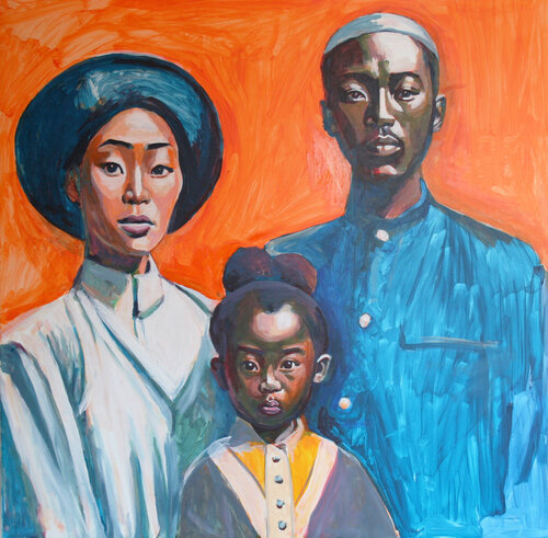 weltfamilie - die drei sind eine familie und ihr ursprung liegt in verschiedenen kontinenten dieser welt - es ist zu hoffen, das das wi------- bald alle so aussehen und friedlich mitteinander leben werden- ein bild soll die kraft haben , allein durch die  von lutz bolldorf, Malerei kaufen auf Singulart