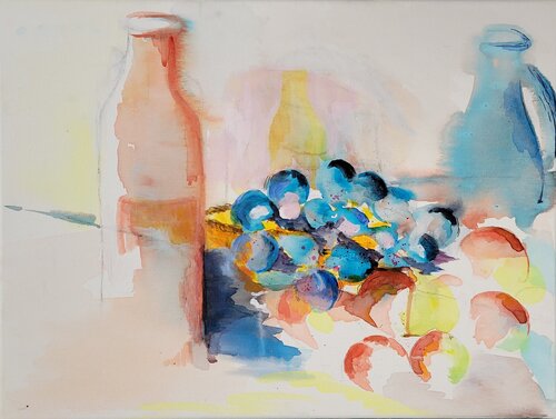 Prunes et pêches by Christian Delavelle, Painting for Sale on Singulart