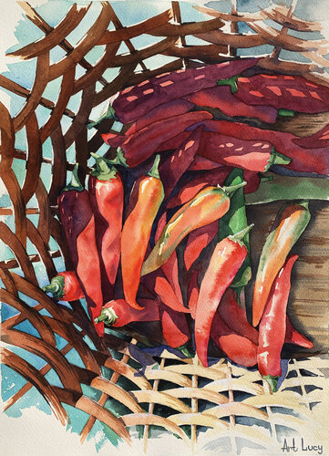 Hot peppers in basket by Olena Horova, Painting for Sale on Singulart
