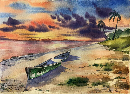 Sunset on the ocean shore von Olena Horova, Malerei kaufen auf Singulart