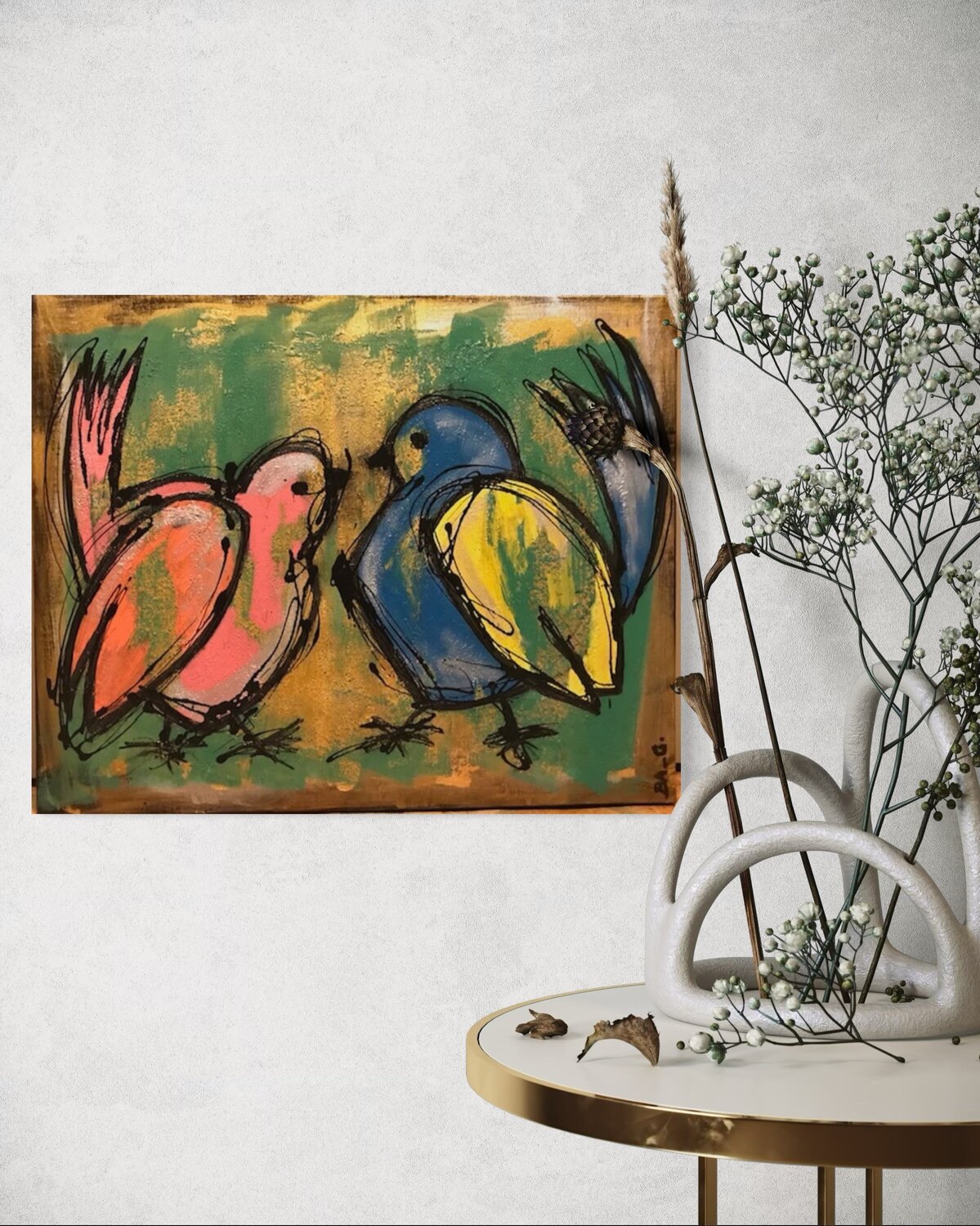 Couple d 'oiseaux de BA-G. (2020) : Peinture Acrylique, Dorure sur Toile -  Singulart, image size:1199x1500