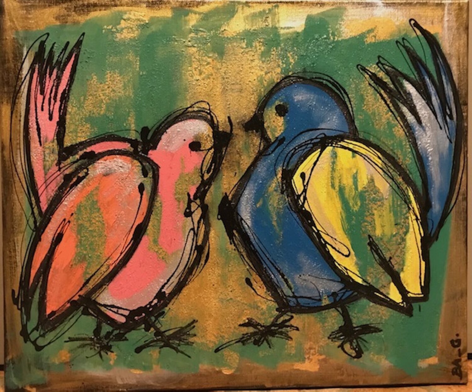 Couple d 'oiseaux de BA-G. (2020) : Peinture Acrylique, Dorure sur Toile -  Singulart, image size:1500x1247