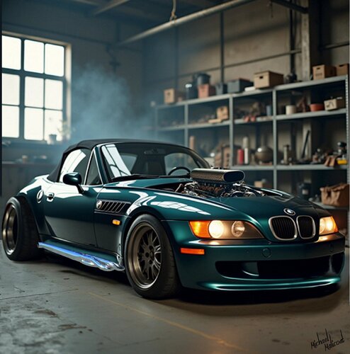 BMW Z3 SUPERCAR 6.2 HELLCAT SUPERCHARGED 840HP ENGINE DESIGNS BY MICHA van michael malicoat, Digitaal te koop op Singulart