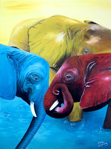 Elefantentrio Gelb-Blau-Rot von Anja Semling, Malerei kaufen auf Singulart