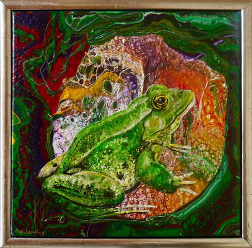 Amphibische Präsenz – Grasfrosch par Anja Semling, Peinture en vente sur Singulart
