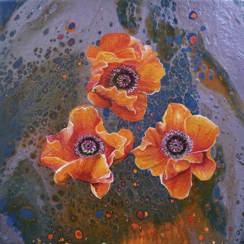 Orientalisches Mohnblüten-Trio auf Purpur di Anja Semling, Pittura in vendita su Singulart
