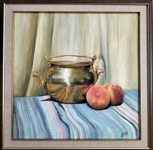 Gregory Pyra PIRO Oil Painting "Peaches and Brass" ref 745290, Still Life van Gregory Pyra PIRO, Schilderij te koop op Singulart