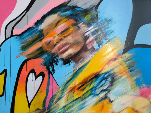 Jeune femme aux lunette rose devant en graffiti von Dominique Machuel, Malerei kaufen auf Singulart