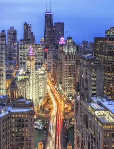 Aerial view of Chicago's Magnificent Mile at Blue Hour, Chicago, USA by Lev Kaytsner, 사진 for Sale on Singulart