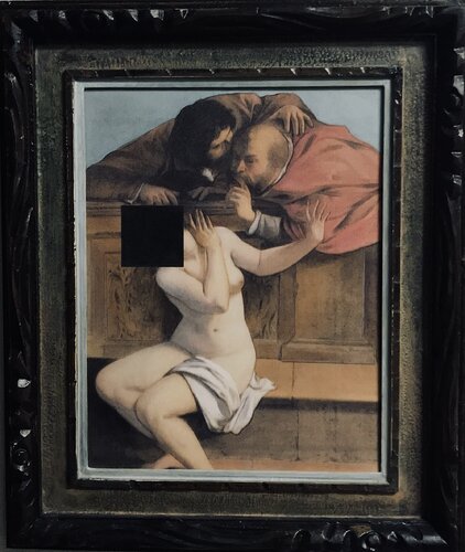 AN EPSTEINESQUE, REDACTED VERSION OF SUSANNA AND THE ELDERS (2025) framed version van Wilf Tilley, Schilderij te koop op Singulart