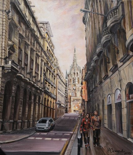 The walk in Barcelona original painting acrylic on stretched canvas for interior design de Irina Osetrova, Pintura a la venta en Singulart