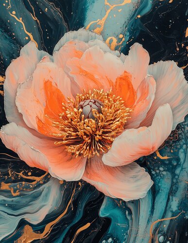Moonfire Peony - Limited Edition Giclée Print with Hand-Embellished Gold Accents van Rita Bohoslavska, Afdruk te koop op Singulart