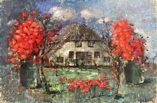 A Cottage Among Poppies par Helen Illichova, Peinture en vente sur Singulart