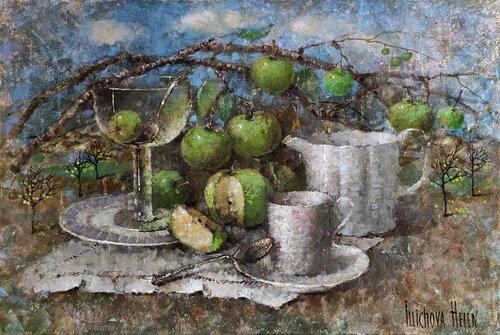 Green Apples for Breakfast di Helen Illichova, Pittura in vendita su Singulart