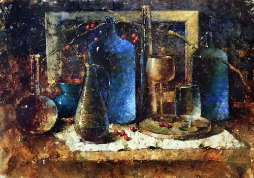 Turquoise Bottles van Helen Illichova, Schilderij te koop op Singulart